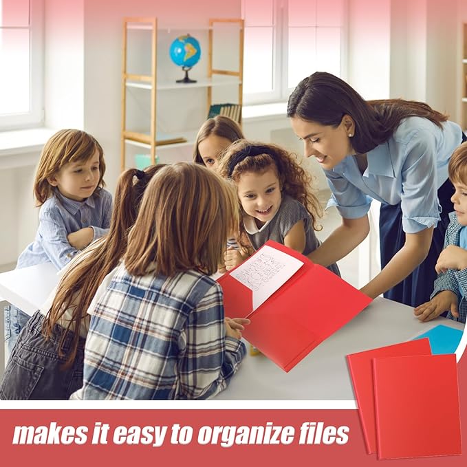 Gueevin 50 Pcs Plastic Folders with Pockets, Two Pocket Folder Fit Letter Size, Heavy Duty School Business Card Holder for Home Office School Bussiness, 11.61 x 9.45 Inches (Red)