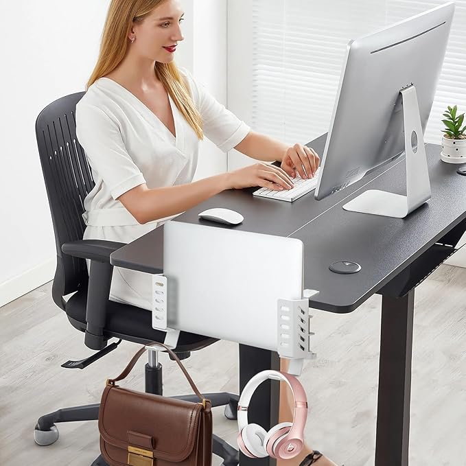 FEIKU No Drill Desk Side Laptop Mount,Hanging Laptop Holder for Office and Home,Clamp on Desk Side Storage Organizer for Laptops/MacBook/Book/Keyboards/Headphone/Gamepad/Backpack White