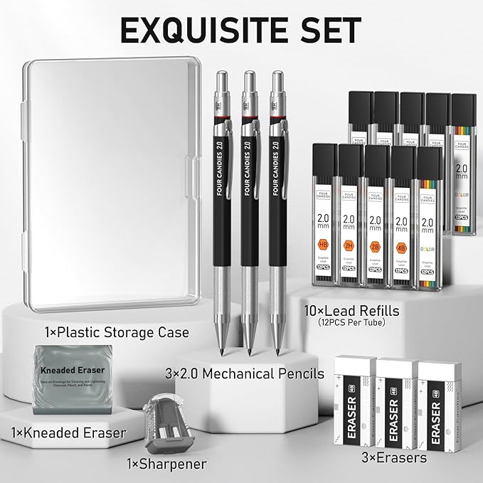 Four Candies 3PCS 2MM Mechanical Drawing Pencils with Case, Metal Art Lead Pencil with 120 Graphite Lead Refills (HB 2H 2B 4B Color), Kneaded Eraser, Sharpener, for Drafting, Drawing, Sketching