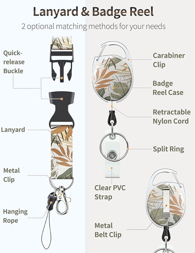 Uniclife Floral Sliding Badge Holder Monstera Leaves Plastic Case with Retractable Badge Reel Carabiner Clip and Detachable Lanyard Strap Vertical Card Protector for Women Nurse Teacher Student