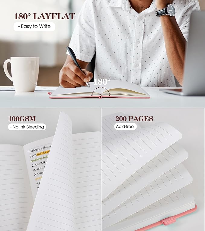 Lined Journal Notebook for Women, Hardcover Leather Journaling Notebooks, Pink B5 200 Pages Large Journals for Writing, College Ruled Notebook for Work School, Note Taking, Business Diary 7.6'' X 10''