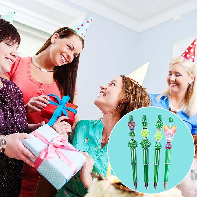 15 Pieces Beadable Pens - Beaded Pens Plastic Diy Black Ink Ballpoint Pens Bulk - Bead Pens Suitable For Teacher, Students, Office, School, Graduation Gift Supplies(Green)