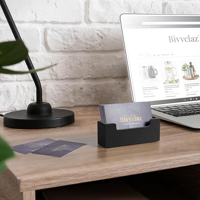 Black Business Card Holder Desk, Wood Business Card Organizer Desktop Business Card Display Stand for Office Tabletop Exhibition, Small Business Essentials