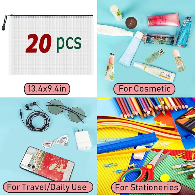 AUSTARK 20 Pcs Zipper File Bags, Plastic Mesh Pouch, Board Game Storage Bag, Waterproof Bags for Office School (A4 Size 13.4''x9.4'', White and Black)