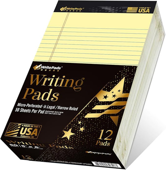 KAISA Small Legal Pads 5x8 Note Pads, Narrow Ruled 5"x8" Writing Pads, 50 Sheets Perforated Notepads, 20lb Heavyweight Rigid Back Premium Legal Pads, Canary Paper Pads, 12Pad