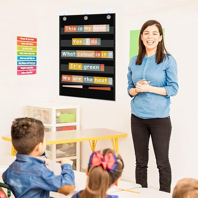 5+1 Pockets Standard Pocket Chart, Clear 5 Pockets Words Chart with Extra Storage Pocket for School Home Office Use,Standard Size:25.2” x 17” Letter Cards, Word Wall and Sentence Strips.
