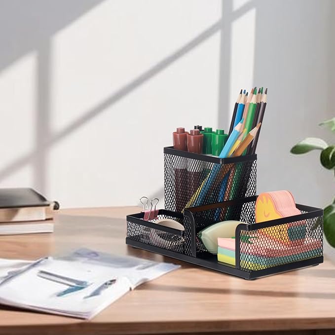 Comix Mesh Pen Pencil Holder Desk Organizer, 3 Compartment Wire Desktop Pen Pencil Cup Caddy Office Supplies Desk Accessories for Home Office School, Black