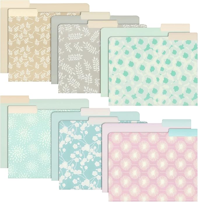 Juvale 12-Pack Pretty Pastel Decorative File Folders for Women and Girls, Cute Classroom Supplies, Office, Organization Letter Size, 1/3 Cut Tabs, 12 Assorted Patterns and Solids (11.5x9.5 in)