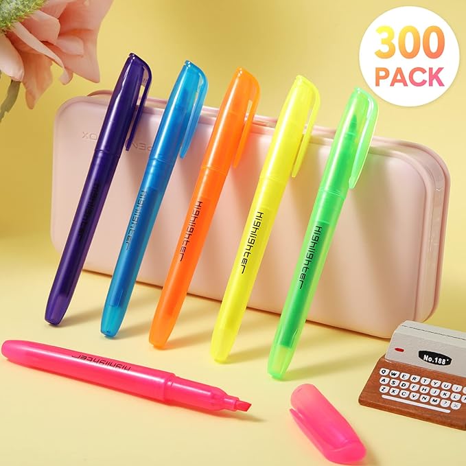 Thenshop 300 Pcs Highlighter Bulk Pack Assorted Colors Highlighter Markers Chisel Tip Fluorescent Pens for Office Classroom Back to School Supplies