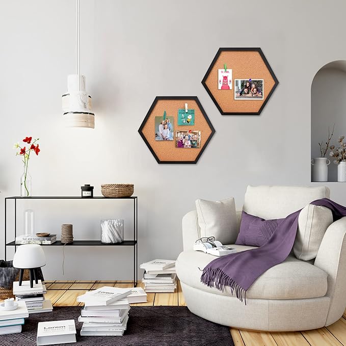 EVNEED 4 Pack Cork Bulletin Board Hexagon, Small Framed Corkboard Tiles for Wall, Thick Decorative Display Boards for Home School Office Decor, Hex Cork Board with 16 Push Pin Wood Clips,Black