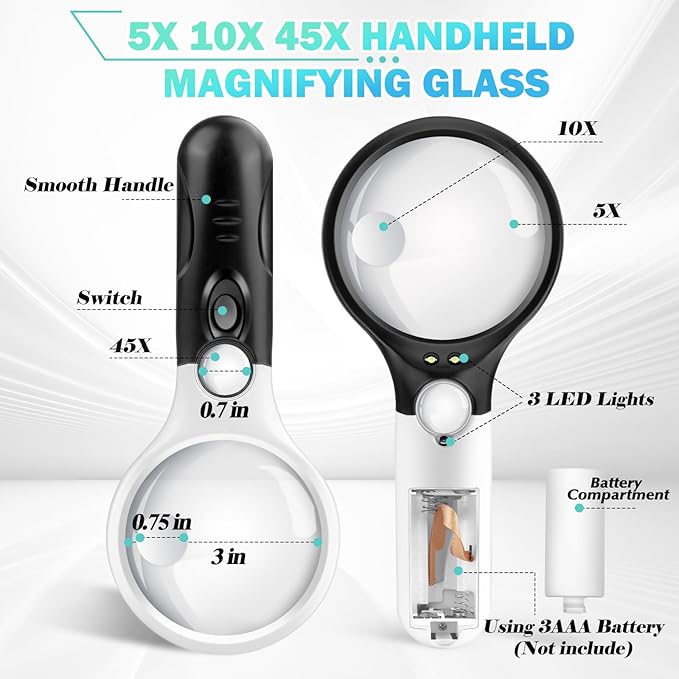 Compact Magnifying Glass with Lights,45X 10X 5X Small Handheld Lighted Magnifier, 3 LED Light Magnifying Glass for Reading Small Prints & Low Vision Seniors B&W