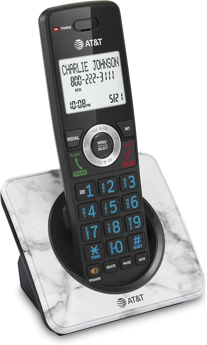 AT&T GL2101-1M DECT 6.0 Cordless Home Phone with Call Block, Caller ID, Full-Duplex Handset Speakerphone, 2" White Backlit Display, Lighted Keypad (Marble)