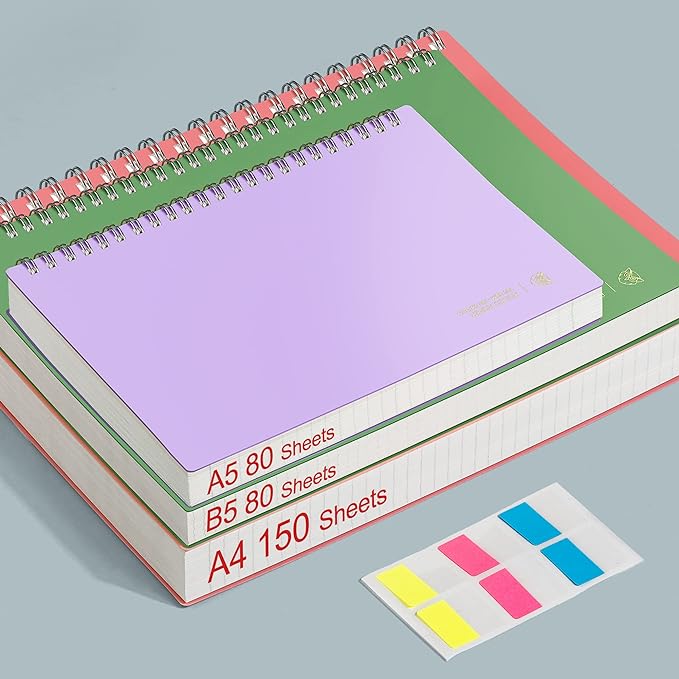 EMSHOI A4 Spiral Notebook College Ruled Lined Journal, 11.2" x 8.27", 300 Pages, 100gsm Thick Paper, Waterproof Softcover, Twin-Wire Binding, Sticky Notes, Pink