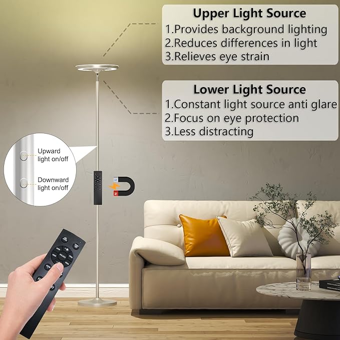 Keepsmile Silver Double Side Lighting LED Floor Lamp with Remote Smart App 36W 2600LM Bright Tall Standing RGB Floor Lamp Angle Multicolor Dimmable Modern Floor Lamps for Living Room Bedroom
