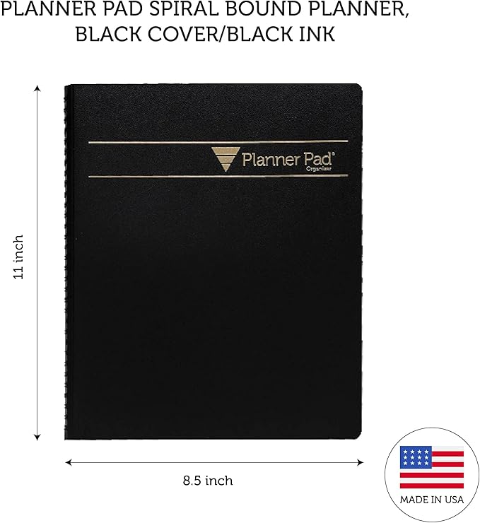 Planner Pad Spiral Bound January-December 2025/ Calendar Year 8 1/2" x 11" Large 3-Tier Funnel Down 12 Month Organizer, Black Cover/Black Ink