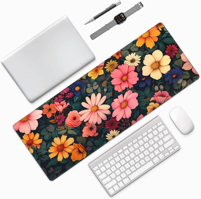 Gaming Mouse Pad Desk Pad,Extended Big Mouse Pad,31.5x11.8 Inch Long Computer Keyboard Mouse Mat Mousepad with 3mm Non-Slip Base and Stitched Edge for Gaming and Office… (Pink Flower)