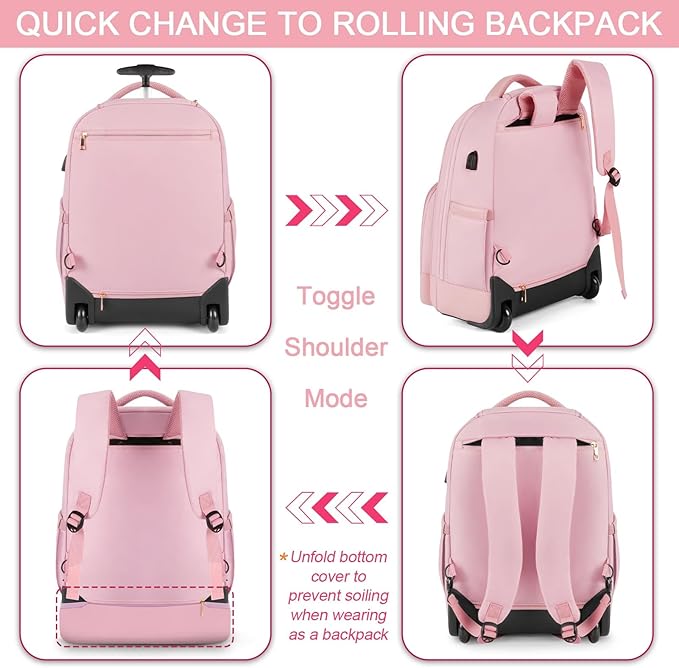 Rolling Backpack Carry On Luggage For Adults With Wheels, 40L Wheeled Backpack For Women, Travel Roller Backpack, Rolling Bag, Pink