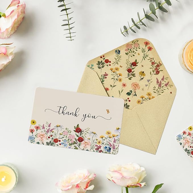 Artoid Mode 12 Pack Wildflower Thank You Cards Vintage Flower Greeting Cards Gift With Envelope Sticker Blank Note Cards for Birthday Wedding Baby Shower Bridal Shower, 4 x 6 Inch