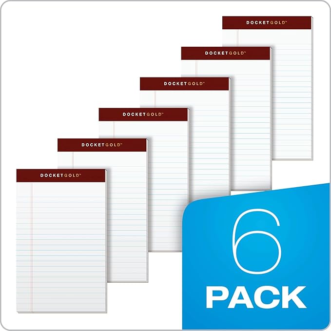 TOPS Docket Gold Writing Pads, 5" x 8", Jr. Legal Rule, 50 Sheets, 6 pack (99705), White