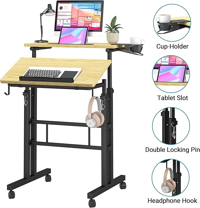 Klvied Stand Up Desk on Wheels, Portable Computer Desk for Home Office,Rolling Desk for Laptop with Removable Cup Holder, Adjustable Laptop Cart for Standing or Sitting,Natural
