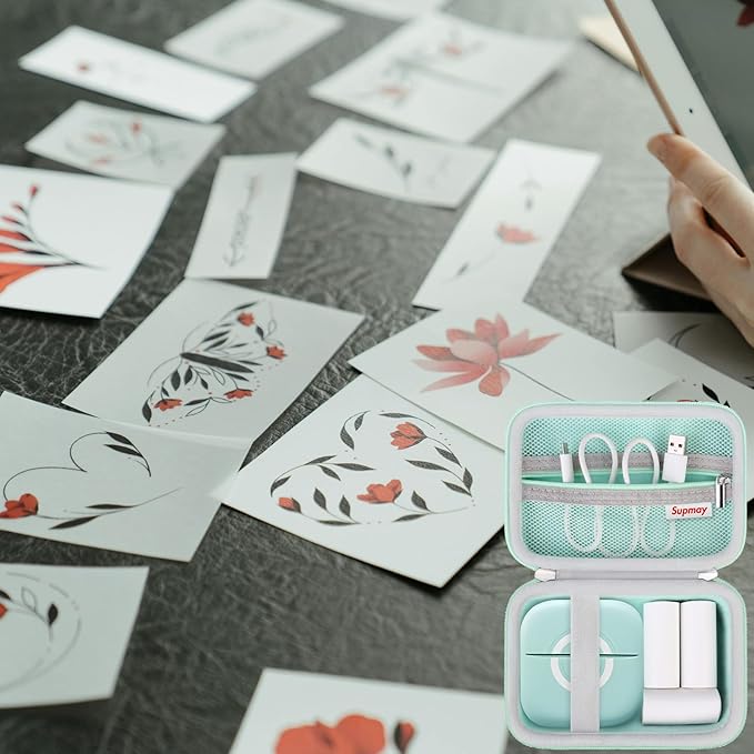 Hard Travel Case for Cabaro Mini Printer Sticker Thermal Printer, Bluetooth Portable Phone Printer Storage Holder Protection Case with Zipper Mesh Pocket fit Rolls Paper, Charging Cable, Green