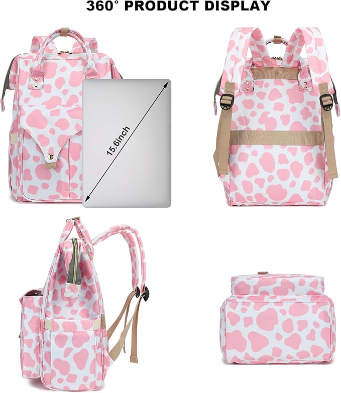 Cow Print Laptop Backpack College School Backpack Bookbags Nurse Backpacks Travel Bags for Women Girls Fits 15.6 Inch Notebook (Pink)