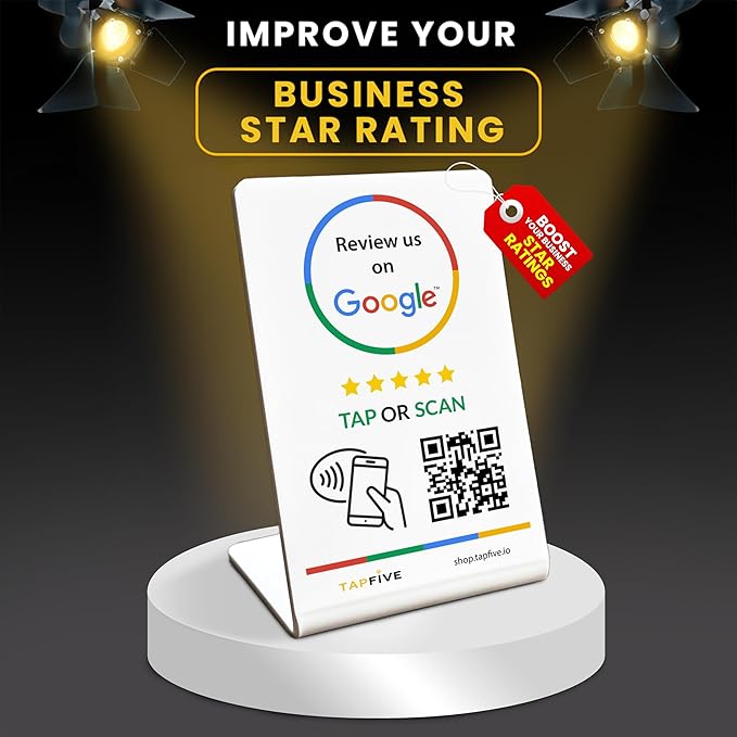 Tap Google Review Stands (3-Pack) Tap for Instant Reviews - All Phones Compatible - Reusable Smart Tap NFC & QR - Boost Business Reviews Zappy Fast - Powered (White, 3 Stands)