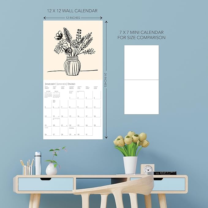 Graphique 2025 Floral Ink Wall Calendar | 12” x 12” | Thick Paper | Home & Office Organizer | Large Monthly Grid | 3 Languages & Marked Holidays | 4 Month Preview Page for 2026