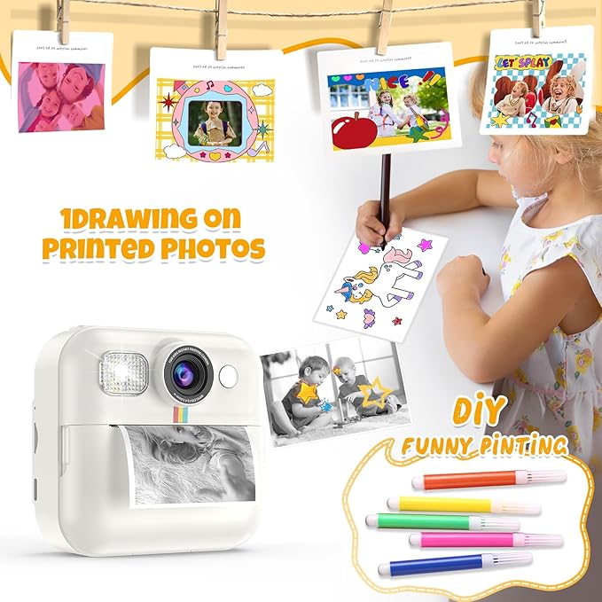 Kids Instant Print Camera for Girls Age 3-8, Toddler Travel Selfie Video Camera Toys with Color Pens (White)