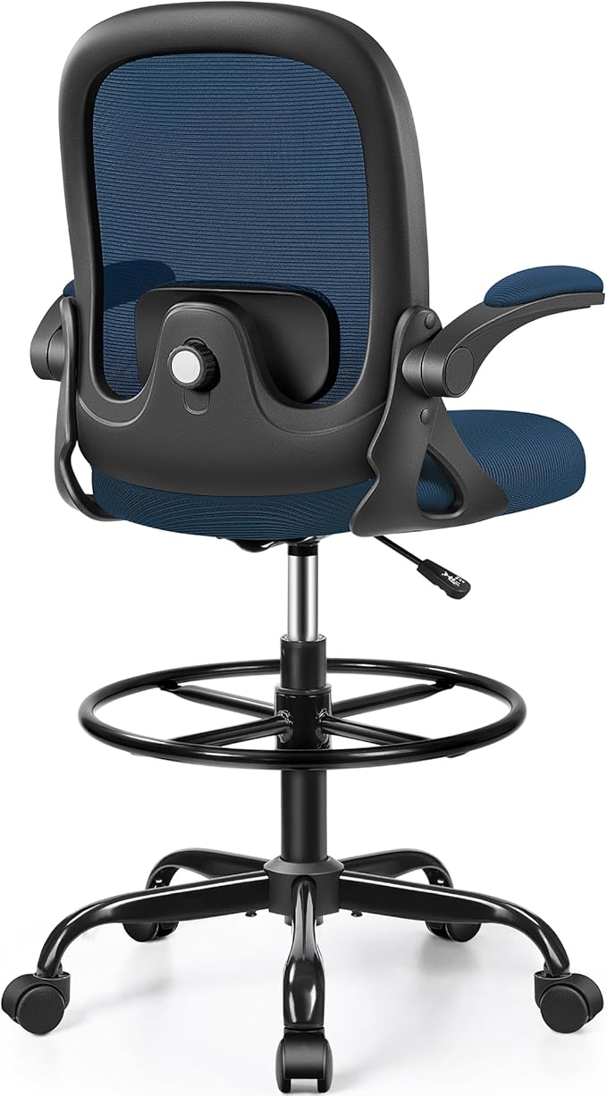 Drafting Chair, Tall Office Chair Ergonomic Standing Desk Chair,with Adjustable Footrest Ring, 3D Lumbar Support, Flip-up Armrests, Swivel Desk Stool for Drawing Working (Navy)