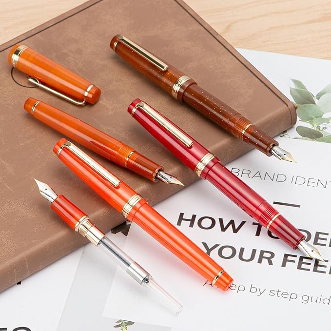Jinhao 82 Acrylic Fountain Pen, Iridium Extra Fine Nib with Ink Converter, Transparent Light Red Classic Design Smooth Writing Pen (Gold Trim)