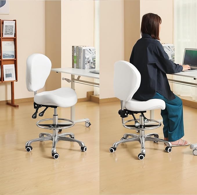 Kaleurrier Adjustable Height Drafting Stool Drafting Chair with Backrest & Foot Rest,Swivel Rolling Stools,for Work Studio,Dental,Office,Salon and Counter,Tall Home Desk Chairs (White)
