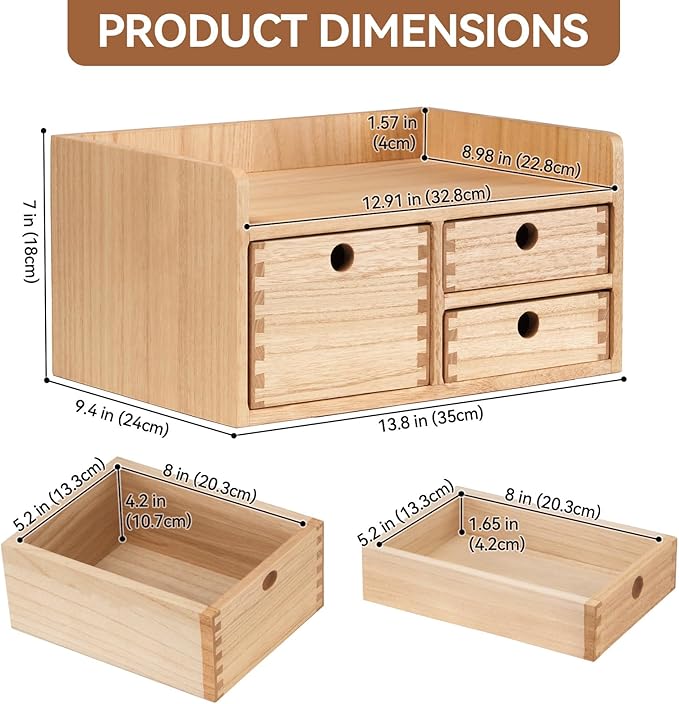 KIRIGEN Desk Organizer with 3 Drawers - Wood Drawer Storage Box with Trays for Tabletop - Workspace Office Toiletries Supplies Tool Caddy - Wooden Storage Cabinet Natural(DT1D3C-NA)
