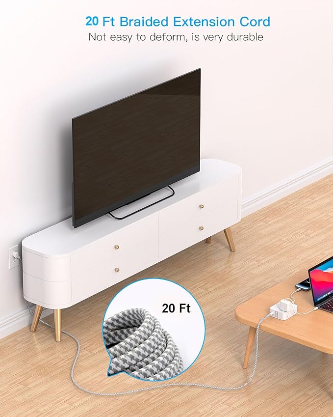 Extension Cord 20 Ft, Power Strip Surge Protector with 8 Outlets 4 USB Ports(2 USB C), Long Cord, Flat Plug, Wall Mount, Desk USB Charging Station for Home Office Essentials