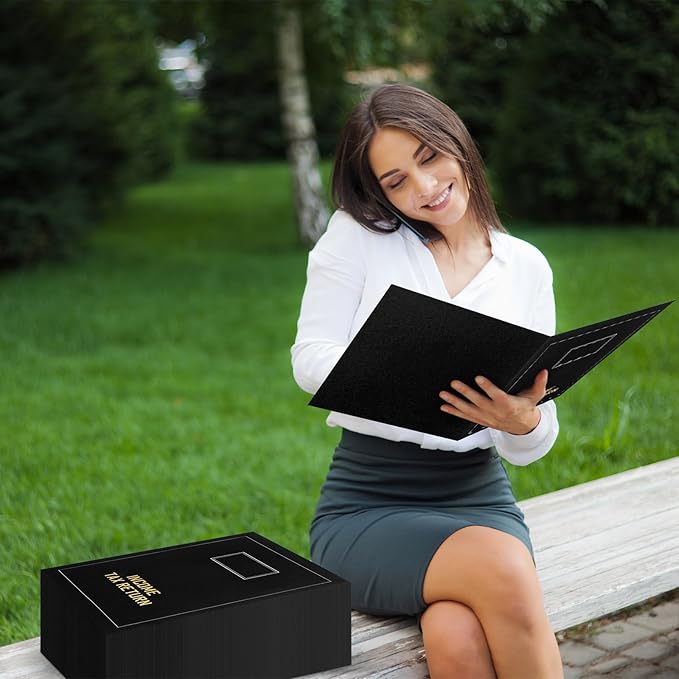 Kisston 50 Pcs Tax Return Folders Bulk 2 Pocket Gold Foil Stamped Income Tax Folders with Blank Labels Business File Office Organizer (Black)