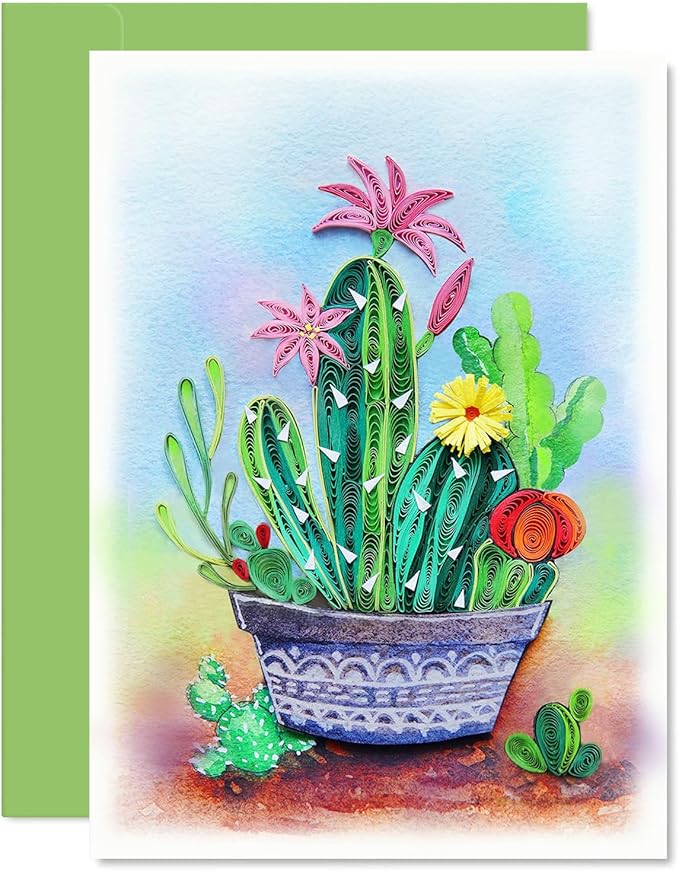 KingKraft Cactus Quilling Card, Handcrafted Greeting Card for All Occasions, Birthday, Thinking of You, Get Well, Anniversary Card for Wife, Valentines Day, Mothers Day Card, Blank Inside