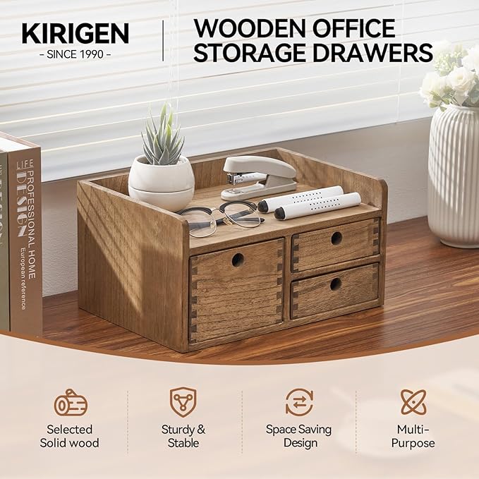 KIRIGEN Desk Organizer with 3 Drawers - Wood Drawer Storage Box with Trays for Tabletop - Workspace Office Toiletries Supplies Tool Caddy - Wooden Storage Cabinet1 Layer Dark Brown(DT1D3C-DBR)