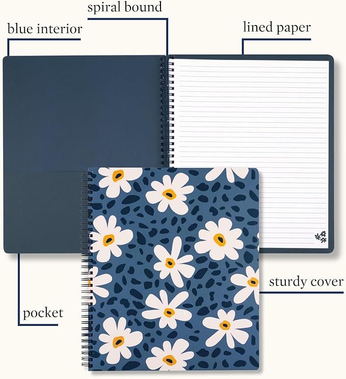 Steel Mill & Co Cute Large Spiral Notebook College Ruled, 11" x 9.5" with Durable Hardcover and 160 Lined Pages (Leopard Daisy)