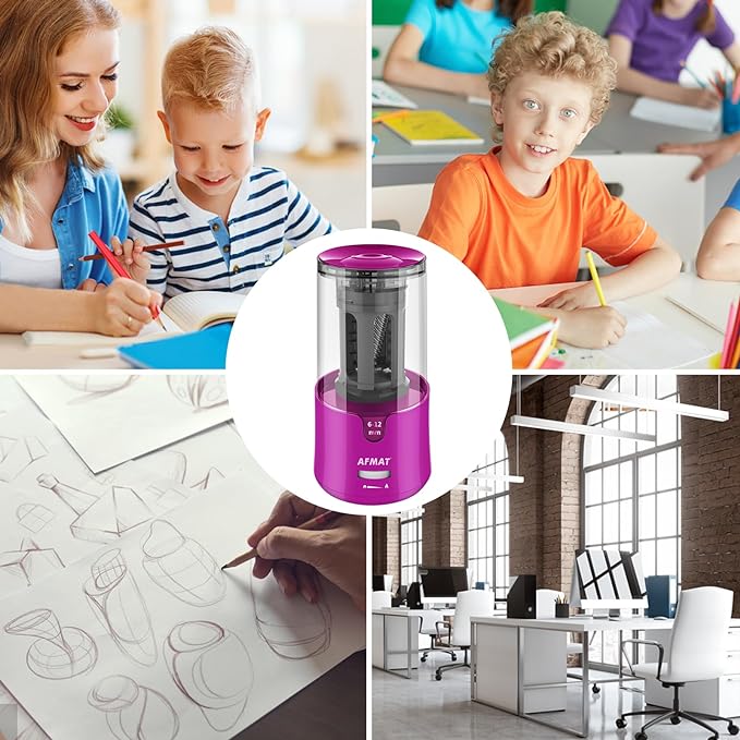 AFMAT Electric Pencil Sharpener for Colored Pencils, Auto Stop, Fast Sharpen in 3s, Large Hole Pencil Sharpener Plug in for 6-12mm No.2/Jumbo Pencils-Purple