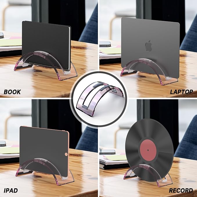 Pink Acrylic Vertical Laptop Stand, Premium Transparent Desktop Notebook Dock, Space-Saving Vertical Laptop Holder for MacBook, IPAD, Book