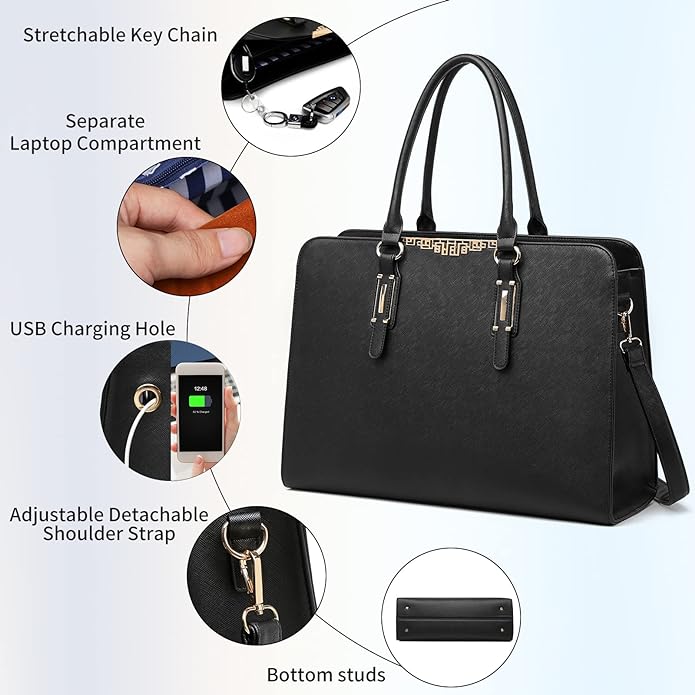 Keyli 4pc Sets Laptop Bag for Women Large Leather Laptop Briefcase with USB Charging Port Computer Shoulder tote Bags Purse