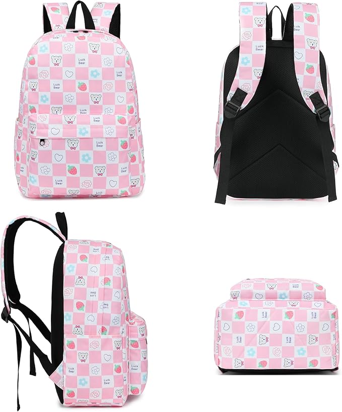 Checkered Bear School Backpack for Teens Girls, Womens College Bookbags Laptop Backpacks (Pink)