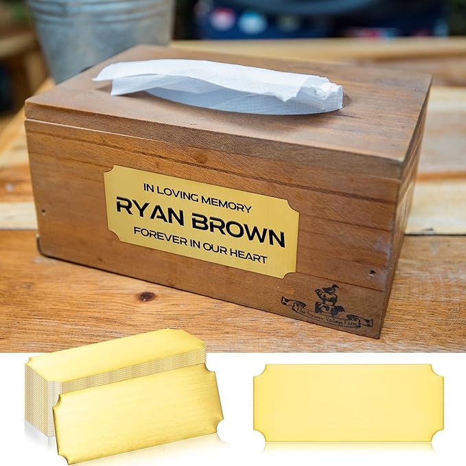 Therwen 30 Pcs Name Plates Laser Engraved Brushed Stainless Steel Plate Personalized Plaque Blank Custom Name Tag Frame Label with Adhesive Backing(Gold Notched Corner,6''x 2.5'')