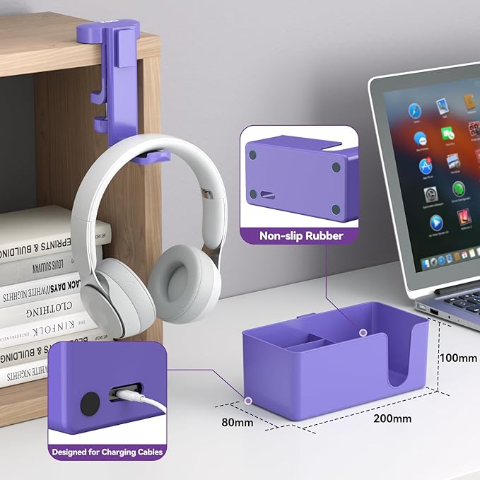 KDD 4 in 1 Desk Cup Holder - Clamp on Under Desk Headphone Hanger - Rotating Headphone Holder Detachable Pen Cup Holder Desk Storage for Cup, Phone and Pen(Purple)