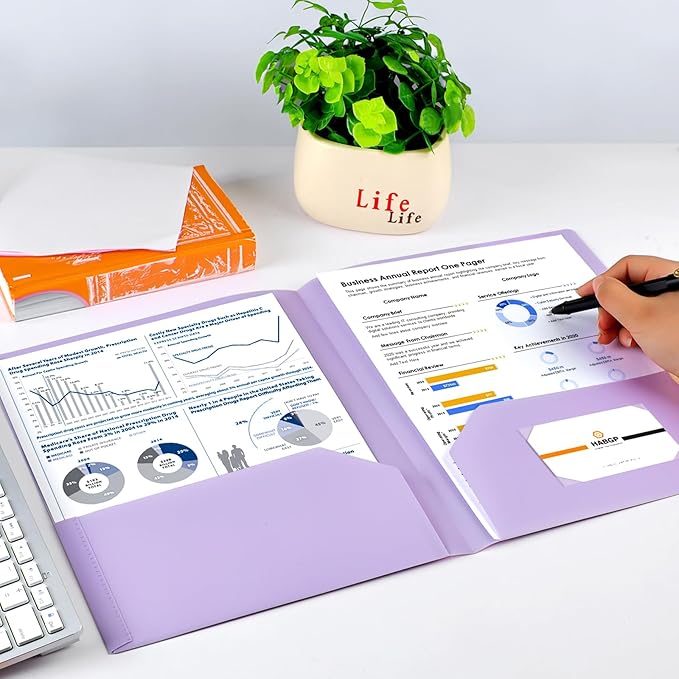 HABGP 12 Pack Colored File Folders with Pockets and Business Card Holder, Pastel Decorative Pocket Folders for Documents, Cute Plastic Folders for Filing Cabinet, School, Office, Resume Portfolio