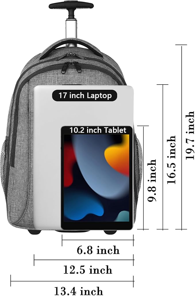 MATEIN Rolling Backpack with Wheels, Water Resistant Travel Laptop Backpacks for Women Men, Large College Wheeled Backpack for Adult, 17 Inch Roller Computer Bag, Carry On Luggage for Airplanes, Grey