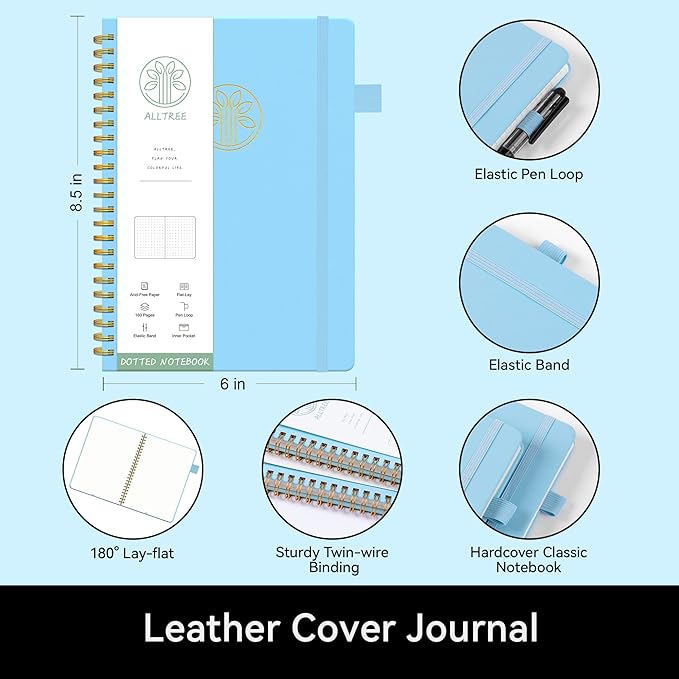 Spiral Dot Grid Notebook Journal, Dotted Paper Notebook, A5 Medium, Hardcover Notebook for Work, ALLTREE Spiral Notebook with Tabs, Pen Loop, Pocket, Stickers, 160 Pages, Journal for Women & Men, Sky Blue(6"x8.5")