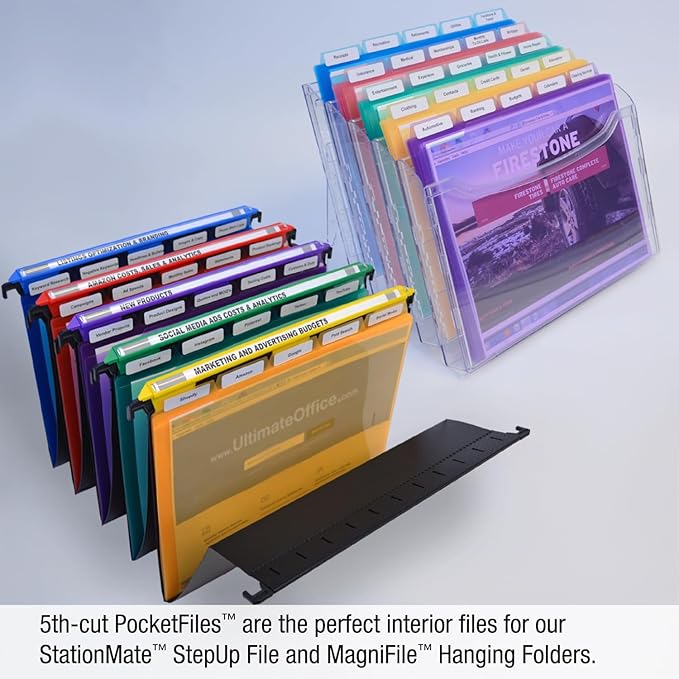 Ultimate Office PocketFile™ Clear Poly Document Folder Project Pockets, 5th-Cut, Letter Size, in 5 Assorted Colors, Set of 100