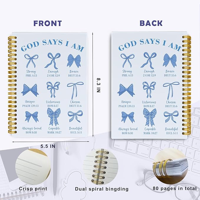 Coquette Blue Bows Bible Notebook,Aesthetic Composition Notebook, God Says I Am Christian Scripture Prayer Journal for Women, Positive Hardcover Spiral Notebooks College Ruled 5.5 x 8.3 (Blue)