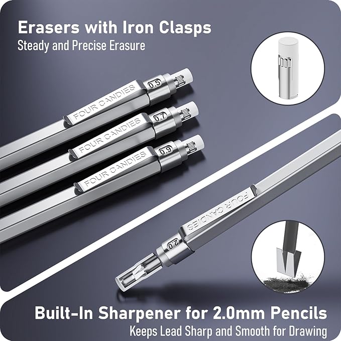 Four Candies Metal Mechanical Pencil Set, 3PCS Art Drafting Pencils 0.5, 0.7, 0.9MM & 2PCS 2MM Mechanical Drawing Pencils with 420PCS Leads (4B 2B HB 2H Color) for Writing Sketching Drawing (Silver)